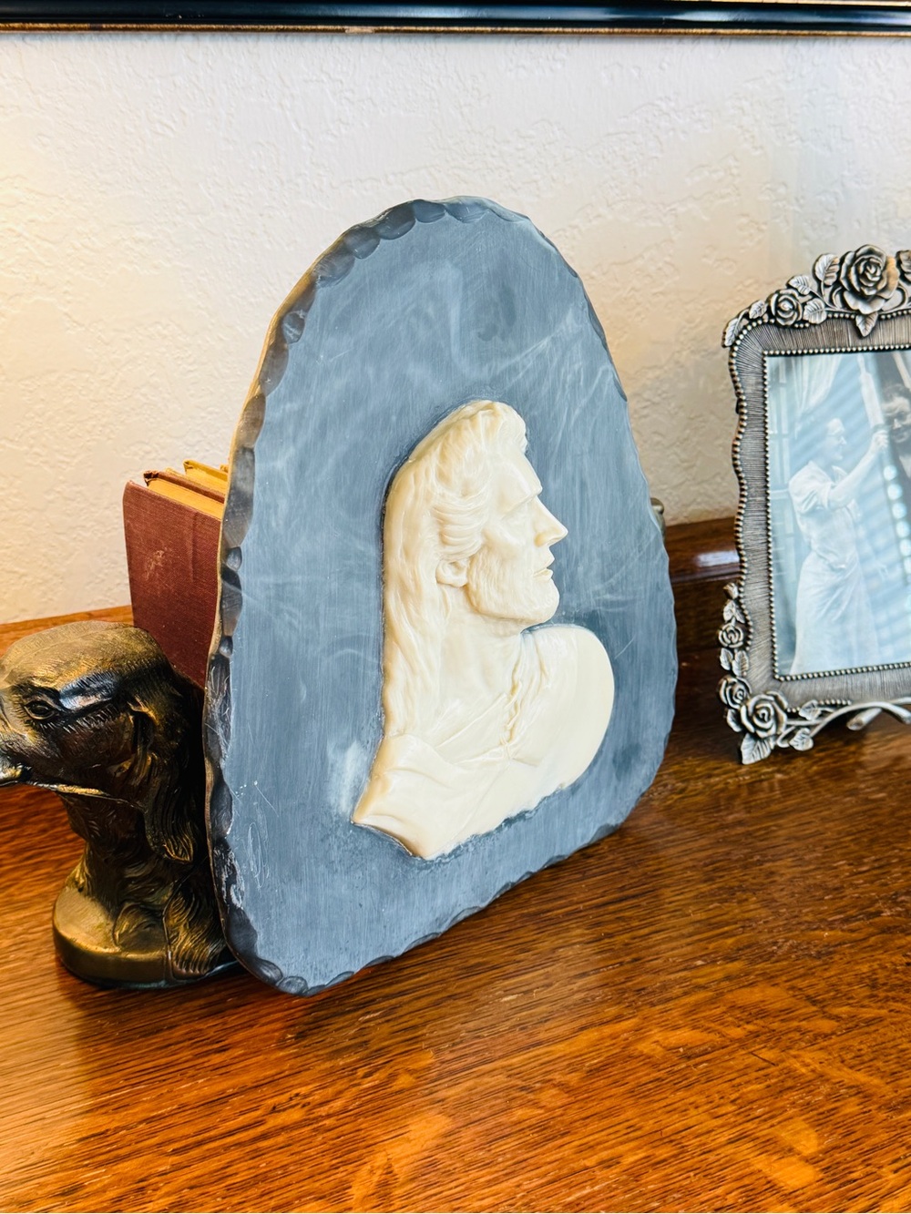 Vintage C. Ed Enterprises Incolay Stone Jesus Profile Wall Plaque Large 11" - Picture 6 of 12